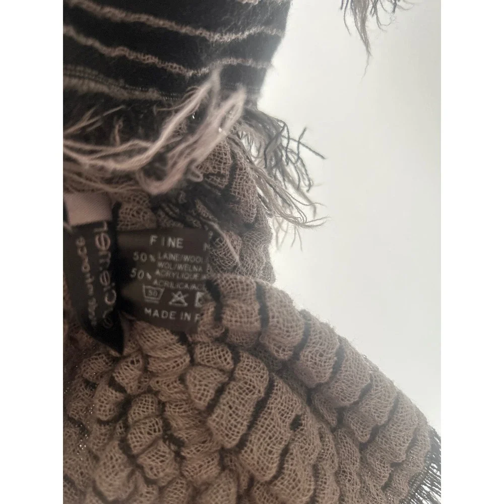 Lea Clement France Wool Blend Striped Textured Fringed Scarf Taupe Black 57x8